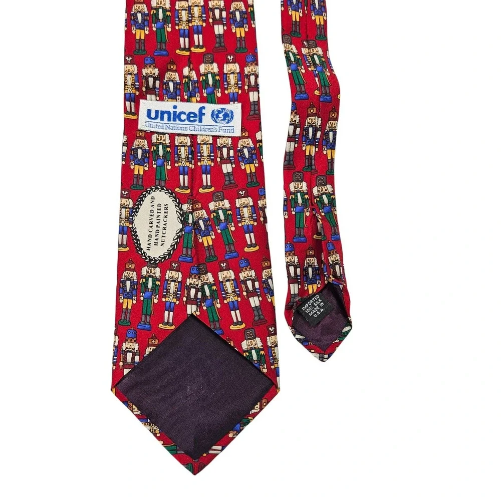 UNICEF Vintage Silk Necktie Nutcracker Christmas Red Holiday Charity Made USA OS
